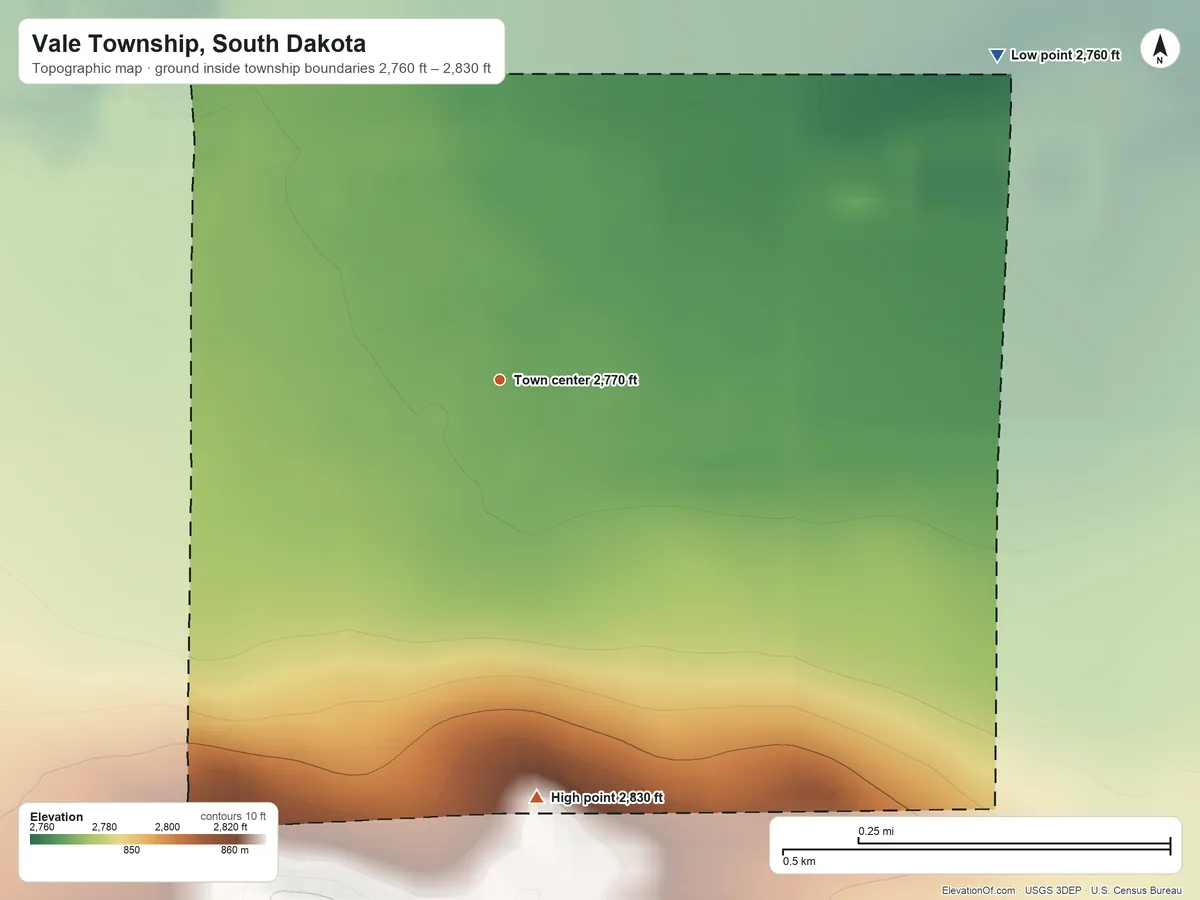 Topographic elevation map of Vale Township, South Dakota, shaded from 2,760 ft on the northeast side to 2,830 ft on the south side