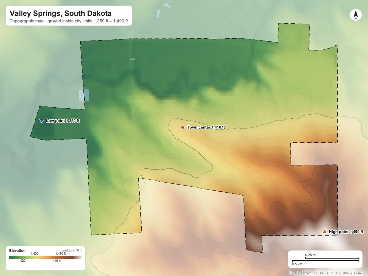 Topographic elevation map of Valley Springs, South Dakota, shaded from 1,350 ft on the west side to 1,490 ft on the southeast side