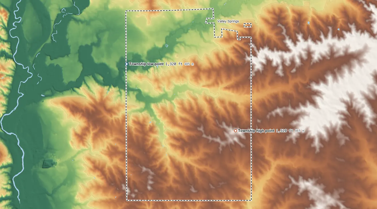 Topographic elevation map of Valley Springs Township, South Dakota, shaded from 1,320 ft on the northwest side to 1,520 ft on the southeast side