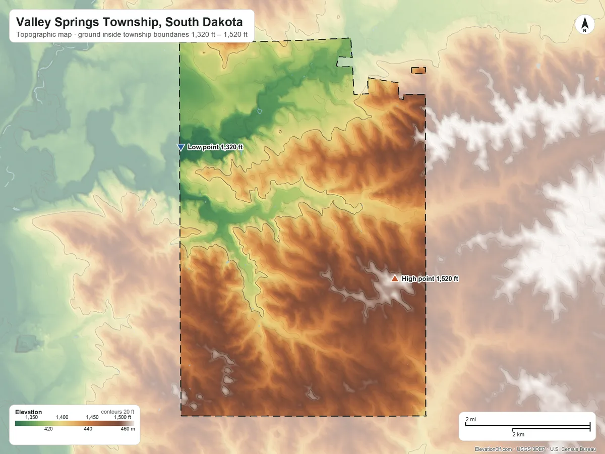 Topographic elevation map of Valley Springs Township, South Dakota, shaded from 1,320 ft on the northwest side to 1,520 ft on the southeast side