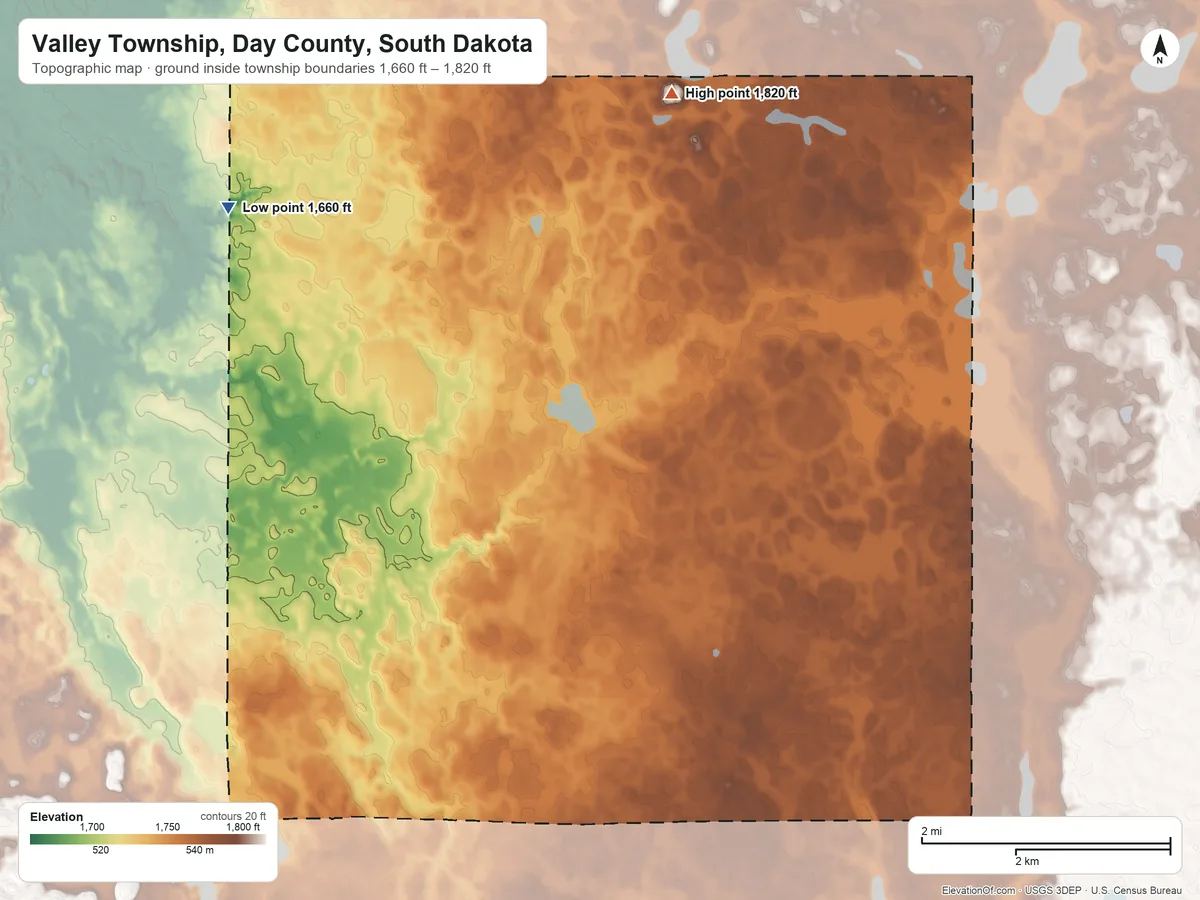Topographic elevation map of Valley Township, Day County, South Dakota, shaded from 1,660 ft on the northwest side to 1,820 ft on the north side