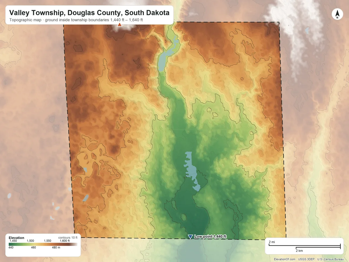 Topographic elevation map of Valley Township, Douglas County, South Dakota, shaded from 1,440 ft on the southeast side to 1,640 ft on the north side