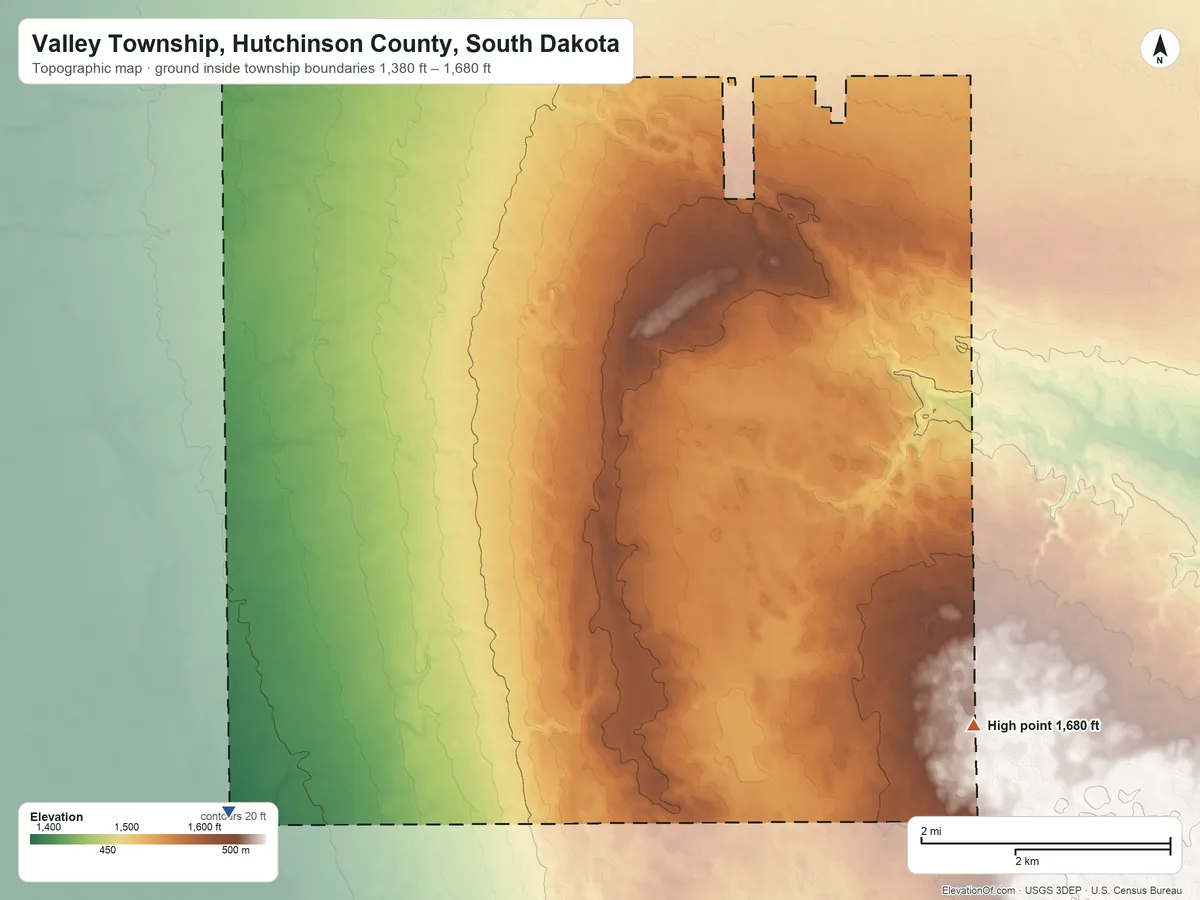 Topographic elevation map of Valley Township, Hutchinson County, South Dakota, shaded from 1,380 ft on the southwest side to 1,680 ft on the southeast side