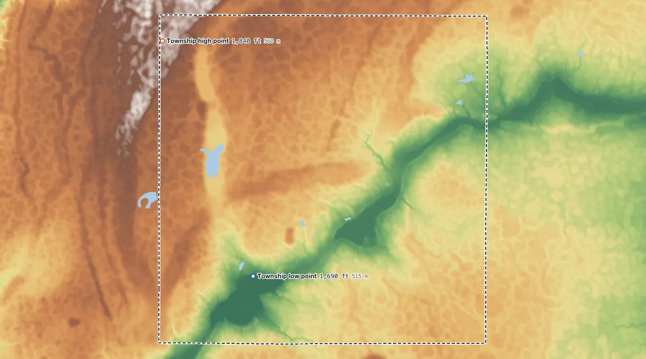 Topographic elevation map of Valley Township, Hyde County, South Dakota, shaded from 1,690 ft on the west side to 1,840 ft on the northwest side