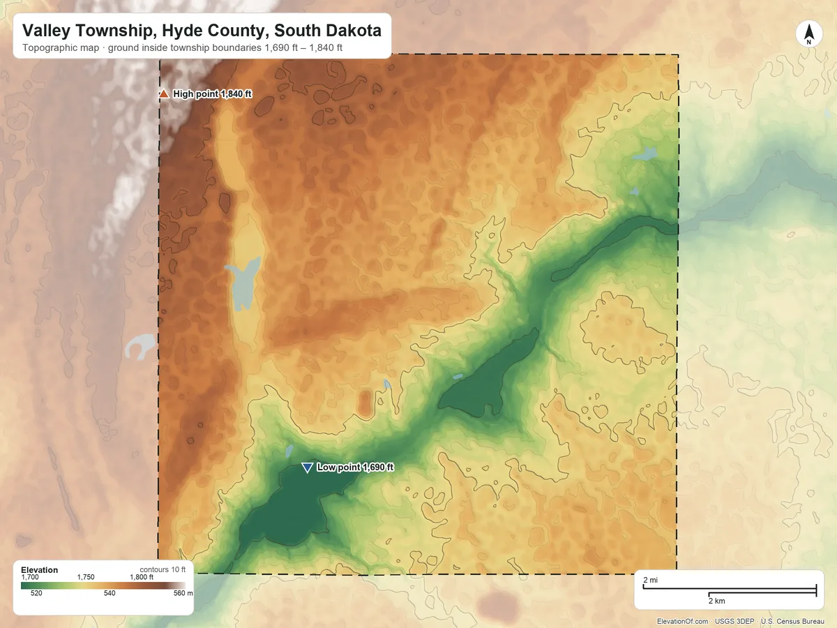Topographic elevation map of Valley Township, Hyde County, South Dakota, shaded from 1,690 ft on the west side to 1,840 ft on the northwest side