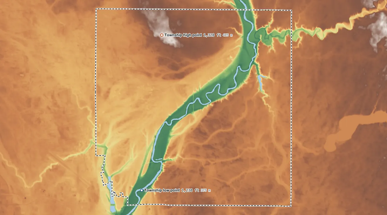 Topographic elevation map of Valley Township, South Dakota, shaded from 1,230 ft on the southwest side to 1,320 ft on the north side