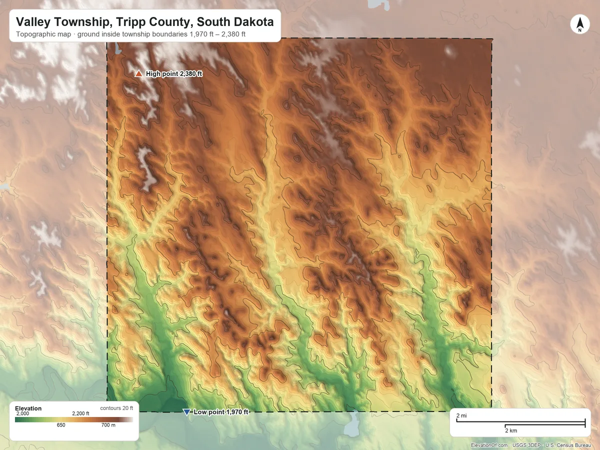 Topographic elevation map of Valley Township, Tripp County, South Dakota, shaded from 1,970 ft on the south side to 2,380 ft on the northwest side