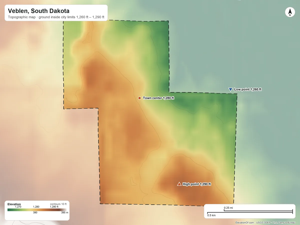 Topographic elevation map of Veblen, South Dakota, shaded from 1,260 ft on the east side to 1,290 ft on the southeast side