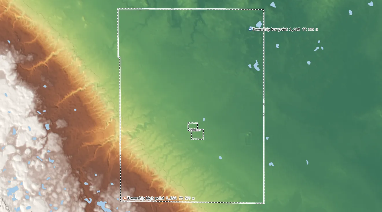 Topographic elevation map of Veblen Township, South Dakota, shaded from 1,190 ft on the northeast side to 1,890 ft on the southwest side