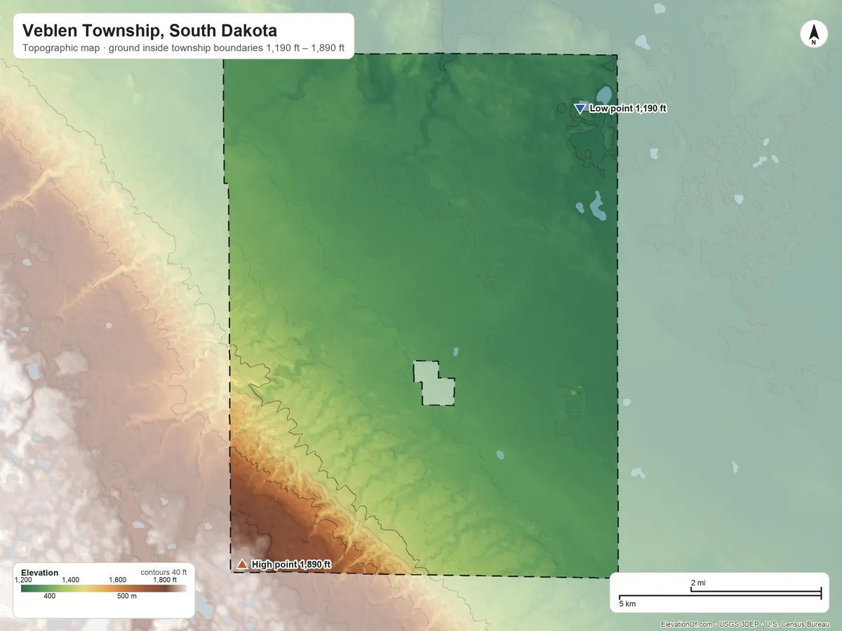 Topographic elevation map of Veblen Township, South Dakota, shaded from 1,190 ft on the northeast side to 1,890 ft on the southwest side