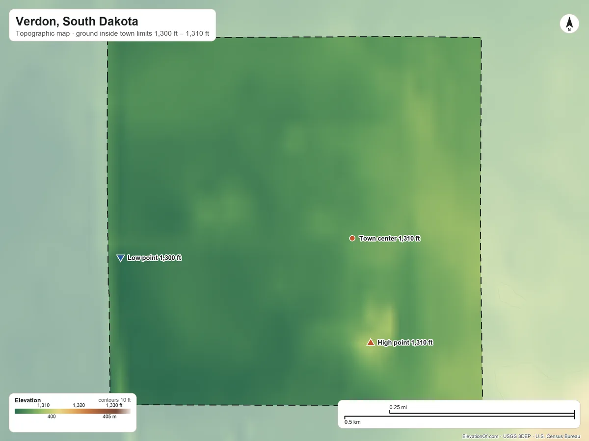 Topographic elevation map of Verdon, South Dakota, shaded from 1,300 ft on the west side to 1,310 ft on the south side