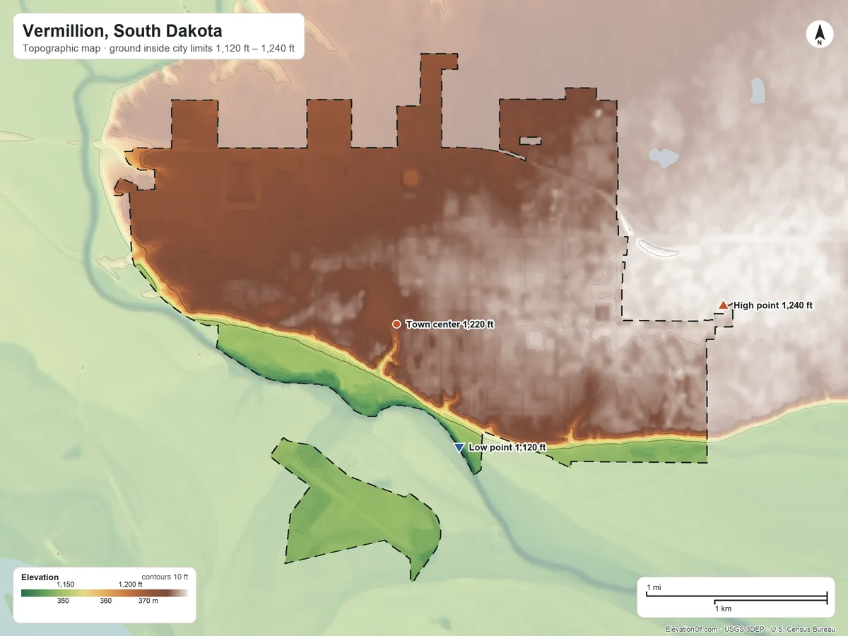 Topographic elevation map of Vermillion, South Dakota, shaded from 1,120 ft on the southeast side to 1,240 ft on the east side