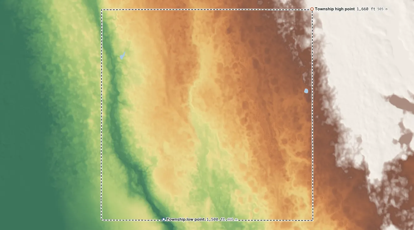Topographic elevation map of Vermillion Township, Miner County, South Dakota, shaded from 1,500 ft on the southwest side to 1,660 ft on the northeast side