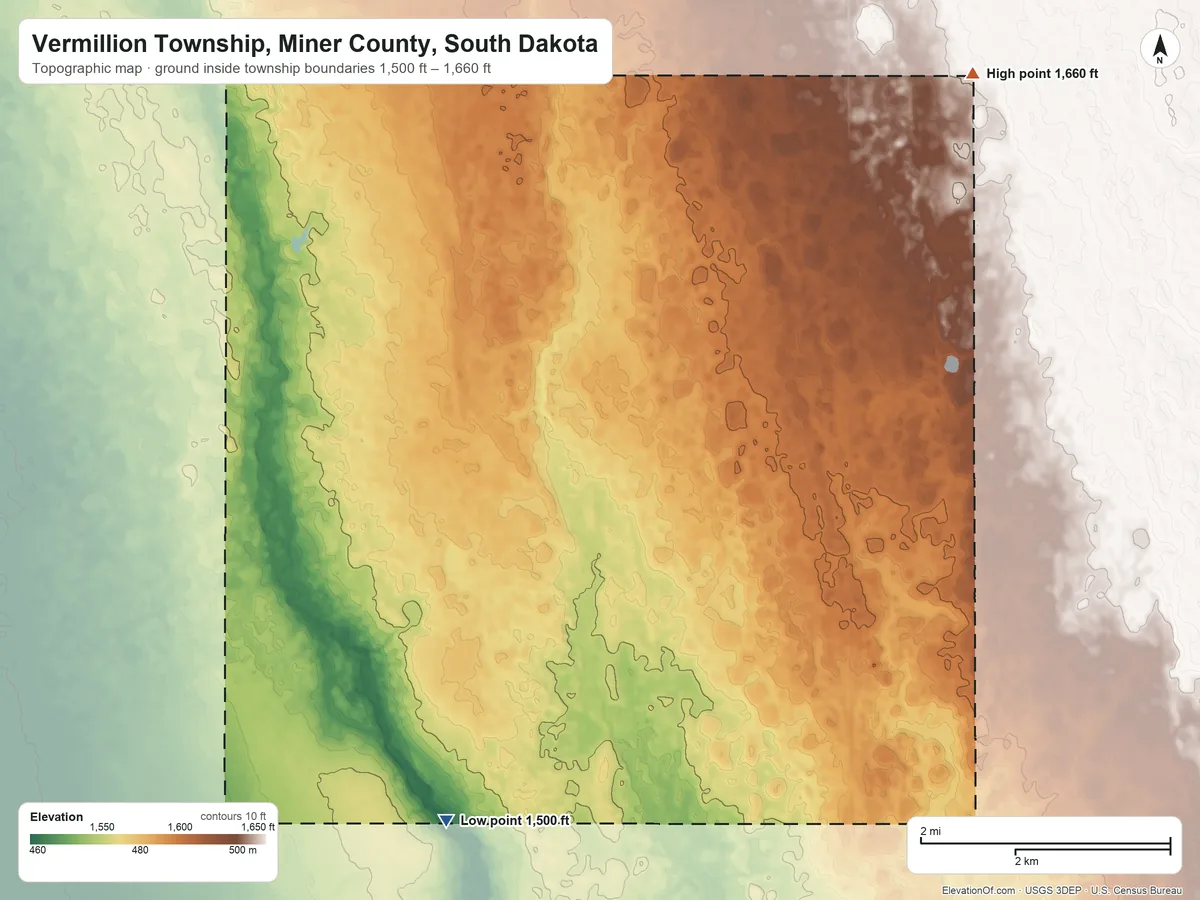 Topographic elevation map of Vermillion Township, Miner County, South Dakota, shaded from 1,500 ft on the southwest side to 1,660 ft on the northeast side