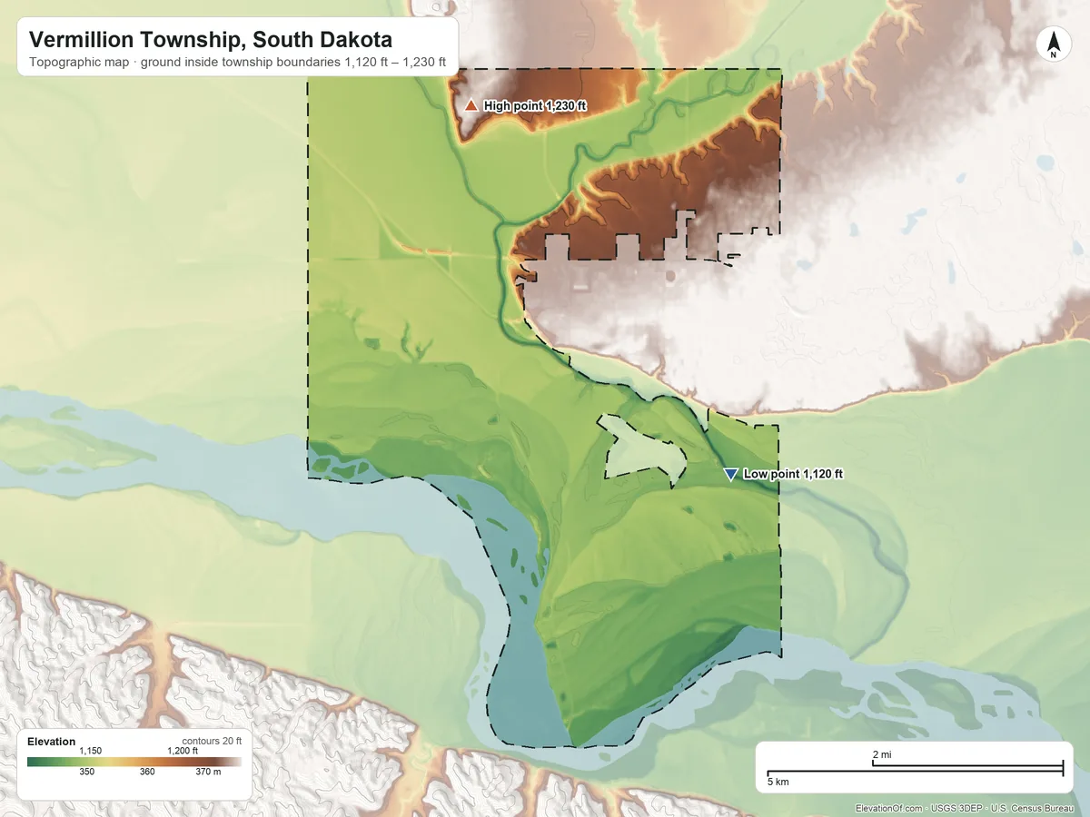 Topographic elevation map of Vermillion Township, South Dakota, shaded from 1,120 ft on the south side to 1,230 ft on the northwest side