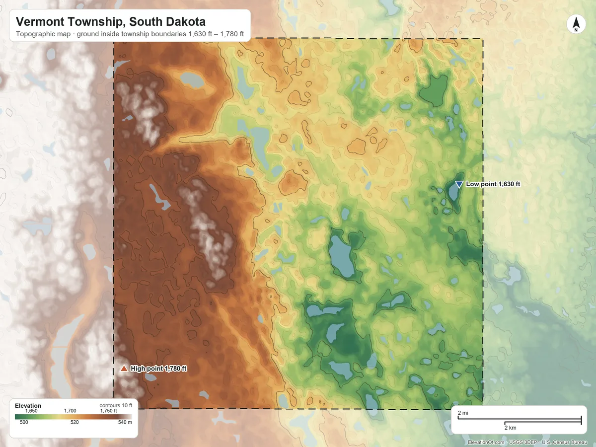 Topographic elevation map of Vermont Township, South Dakota, shaded from 1,630 ft on the northeast side to 1,780 ft on the southwest side