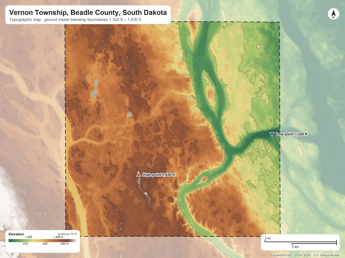 Topographic elevation map of Vernon Township, Beadle County, South Dakota, shaded from 1,320 ft on the east side to 1,430 ft on the south side