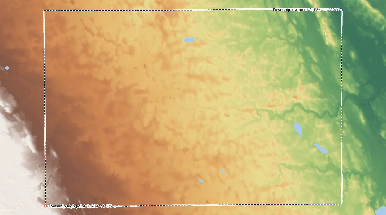 Topographic elevation map of Vernon Township, South Dakota, shaded from 1,080 ft on the northeast side to 1,230 ft on the southwest side