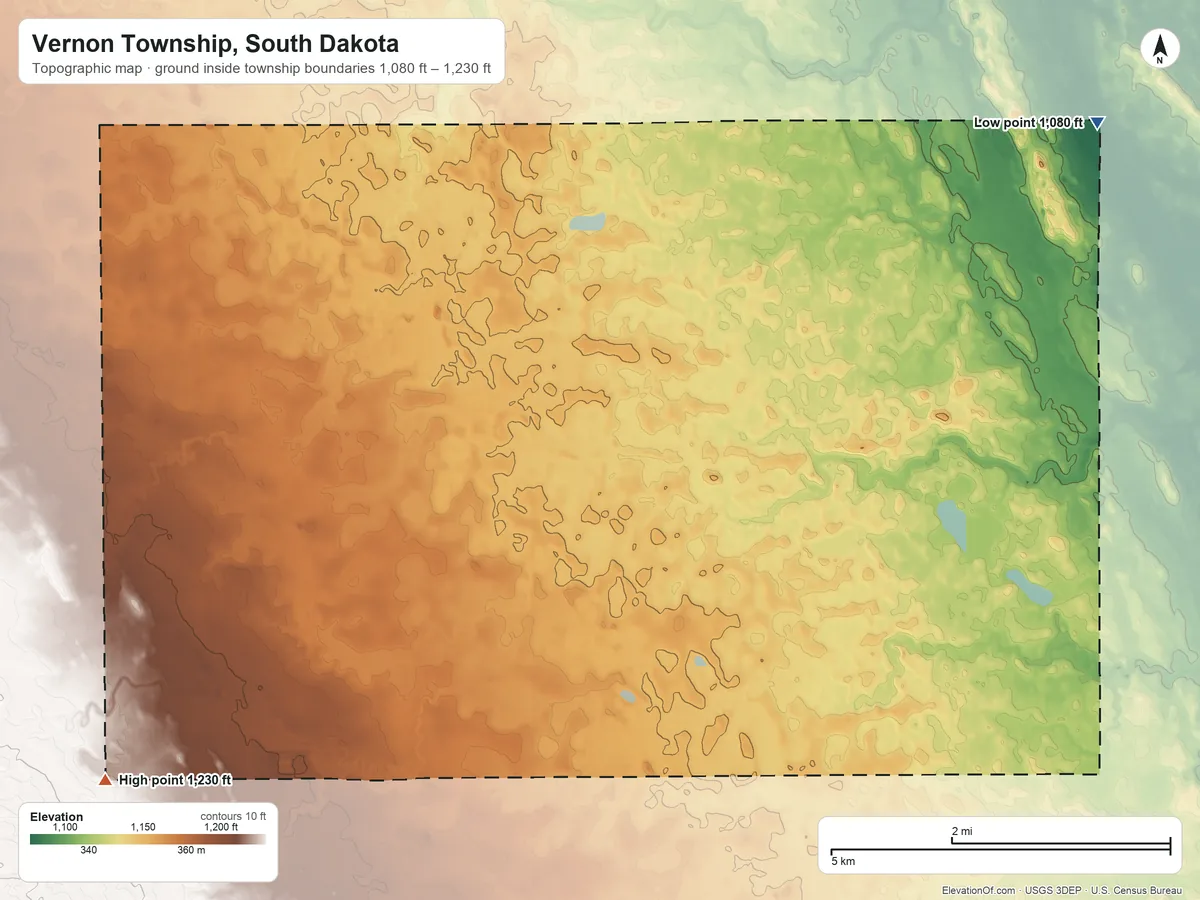 Topographic elevation map of Vernon Township, South Dakota, shaded from 1,080 ft on the northeast side to 1,230 ft on the southwest side