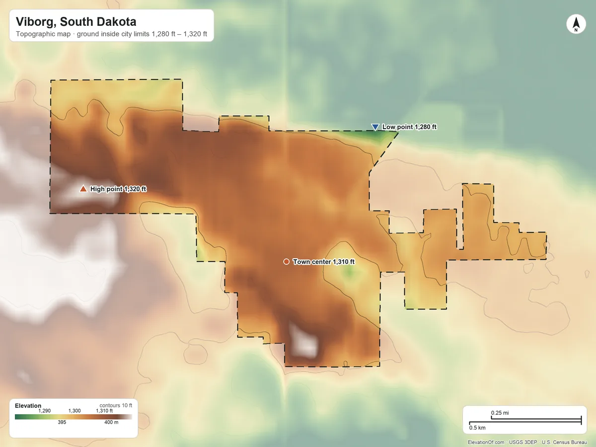Topographic elevation map of Viborg, South Dakota, shaded from 1,280 ft on the northeast side to 1,320 ft on the west side