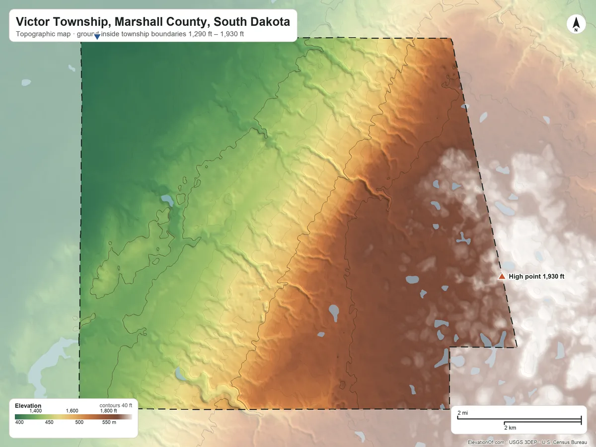Topographic elevation map of Victor Township, Marshall County, South Dakota, shaded from 1,290 ft on the northwest side to 1,930 ft on the southeast side