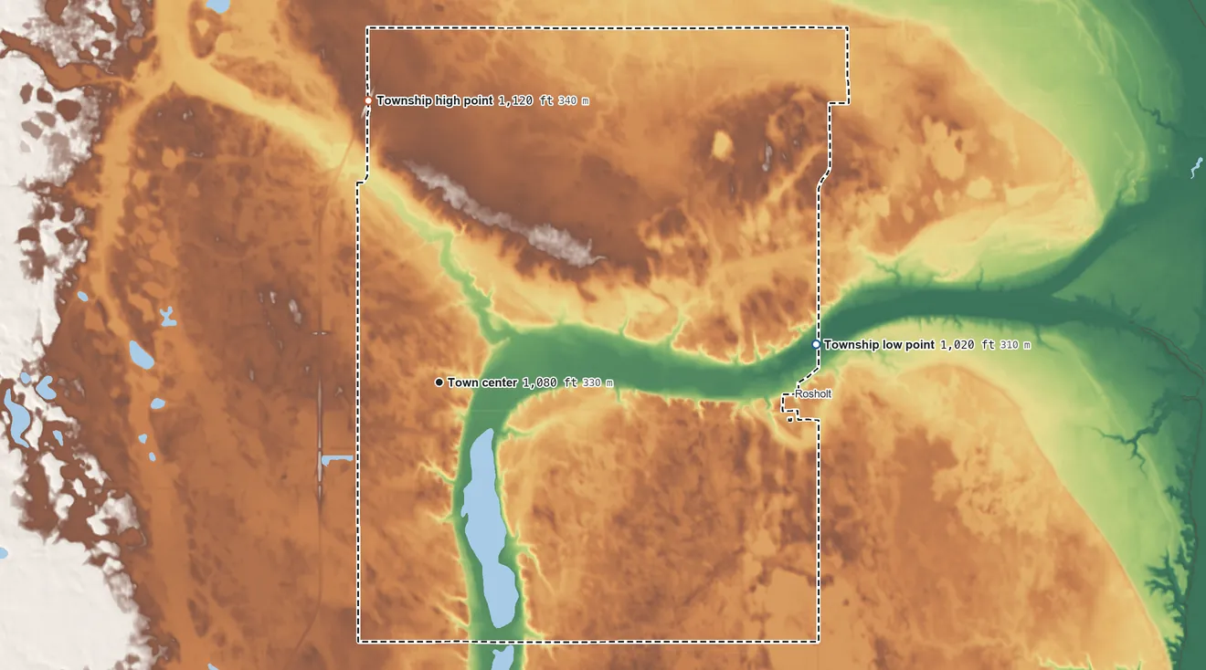 Topographic elevation map of Victor Township, South Dakota, shaded from 1,020 ft on the east side to 1,120 ft on the north side