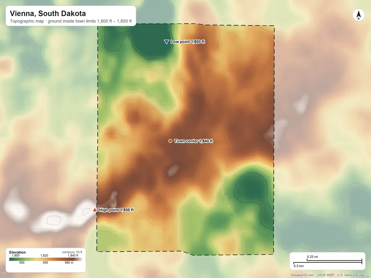 Topographic elevation map of Vienna, South Dakota, shaded from 1,800 ft on the north side to 1,850 ft on the southwest side