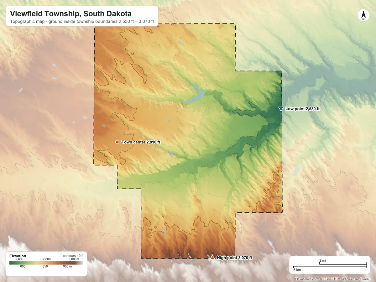 Topographic elevation map of Viewfield Township, South Dakota, shaded from 2,530 ft on the east side to 3,070 ft on the southeast side