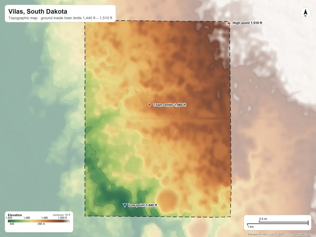 Topographic elevation map of Vilas, South Dakota, shaded from 1,440 ft on the south side to 1,510 ft on the northeast side