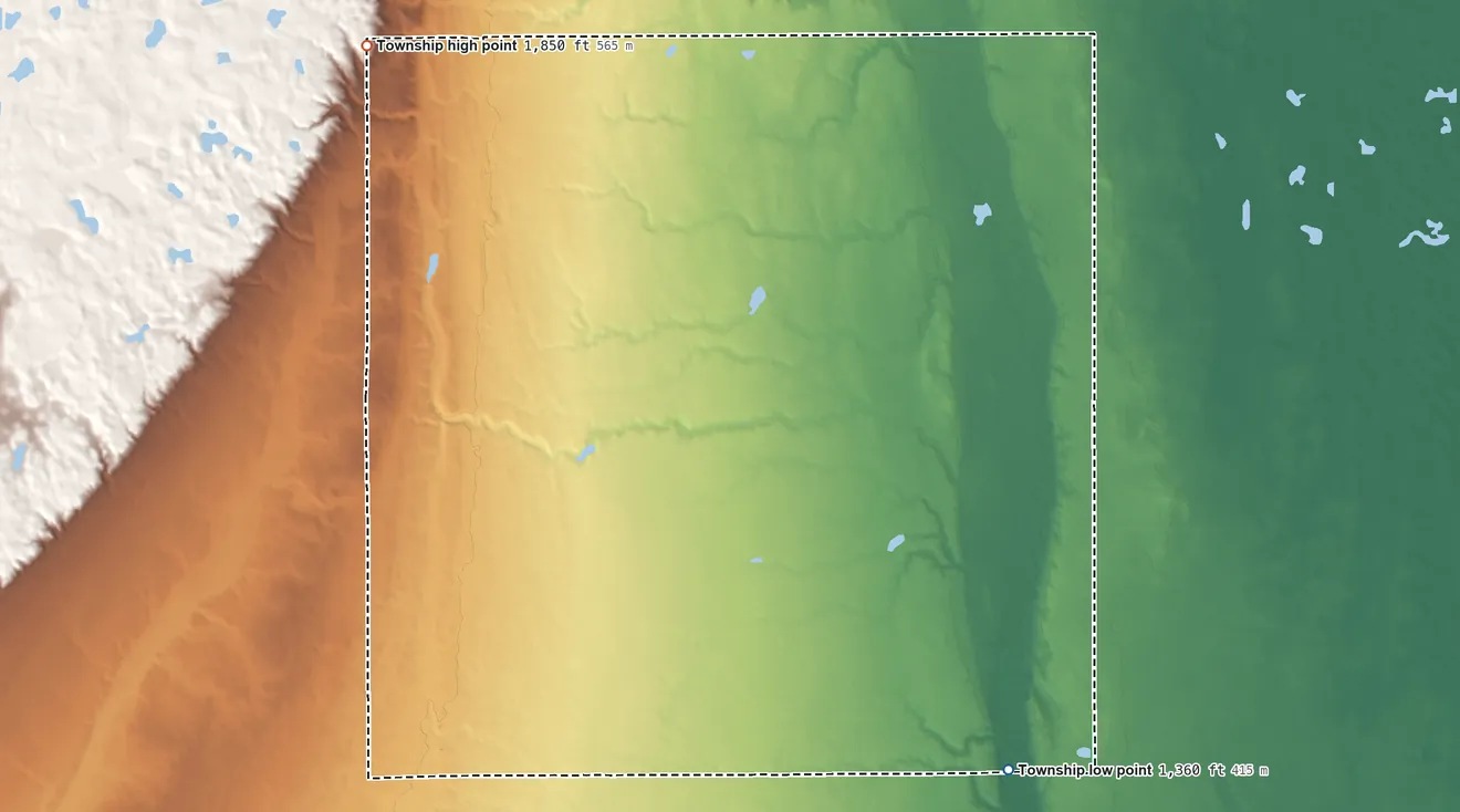 Topographic elevation map of Viola Township, South Dakota, shaded from 1,360 ft on the southeast side to 1,850 ft on the northwest side