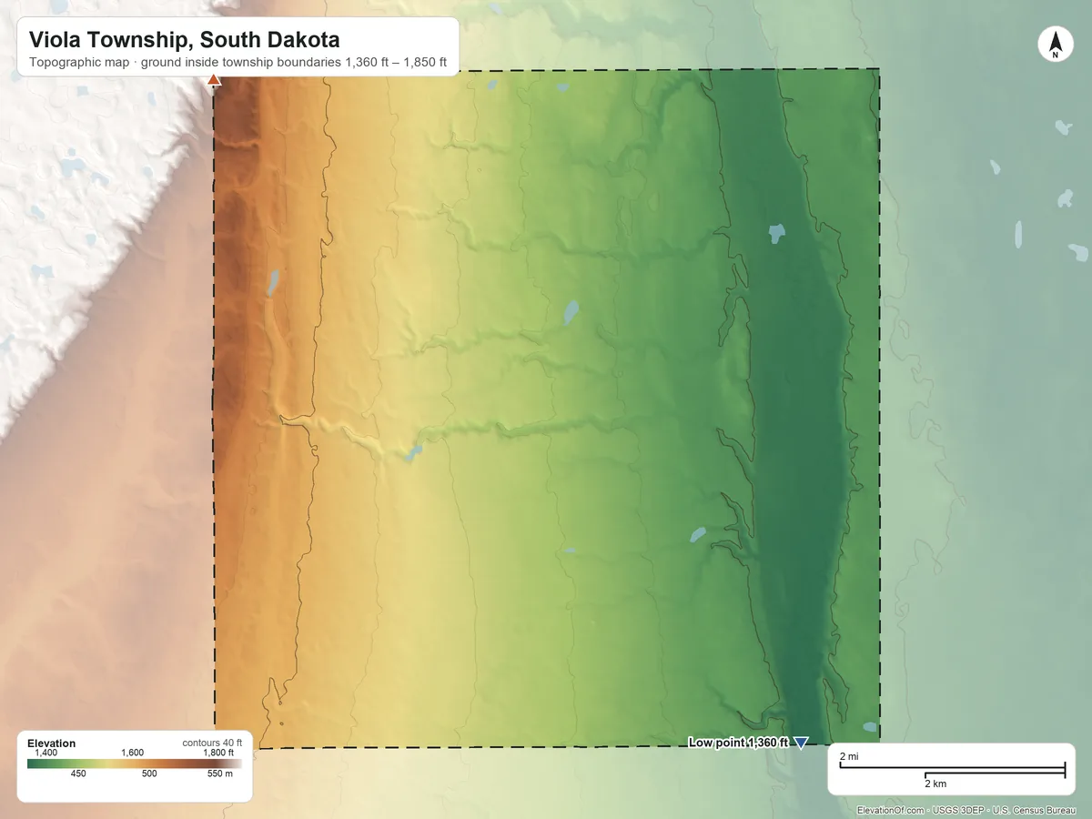 Topographic elevation map of Viola Township, South Dakota, shaded from 1,360 ft on the southeast side to 1,850 ft on the northwest side