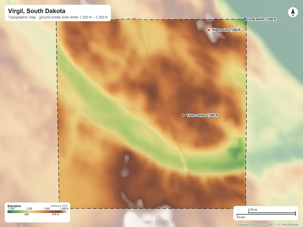 Topographic elevation map of Virgil, South Dakota, shaded from 1,320 ft on the northeast side to 1,350 ft on the north side