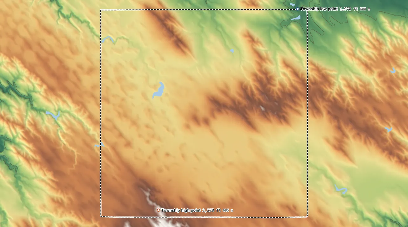 Topographic elevation map of Virgil Township, South Dakota, shaded from 1,970 ft on the north side to 2,270 ft on the southwest side