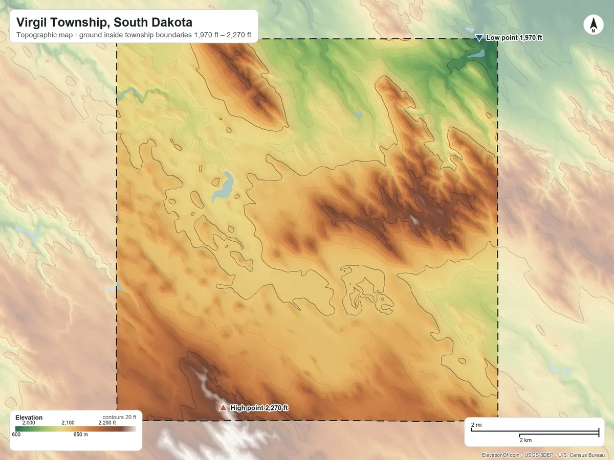 Topographic elevation map of Virgil Township, South Dakota, shaded from 1,970 ft on the north side to 2,270 ft on the southwest side