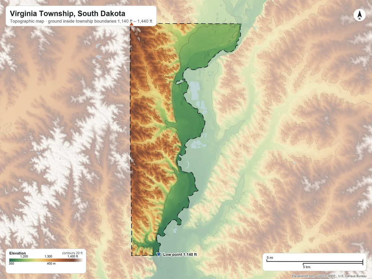 Topographic elevation map of Virginia Township, South Dakota, shaded from 1,140 ft on the south side to 1,440 ft on the northwest side