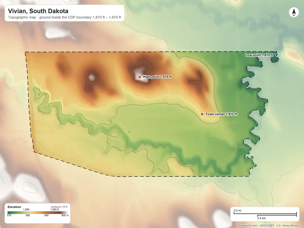 Topographic elevation map of Vivian, South Dakota, shaded from 1,870 ft on the northeast side to 1,970 ft on the northwest side