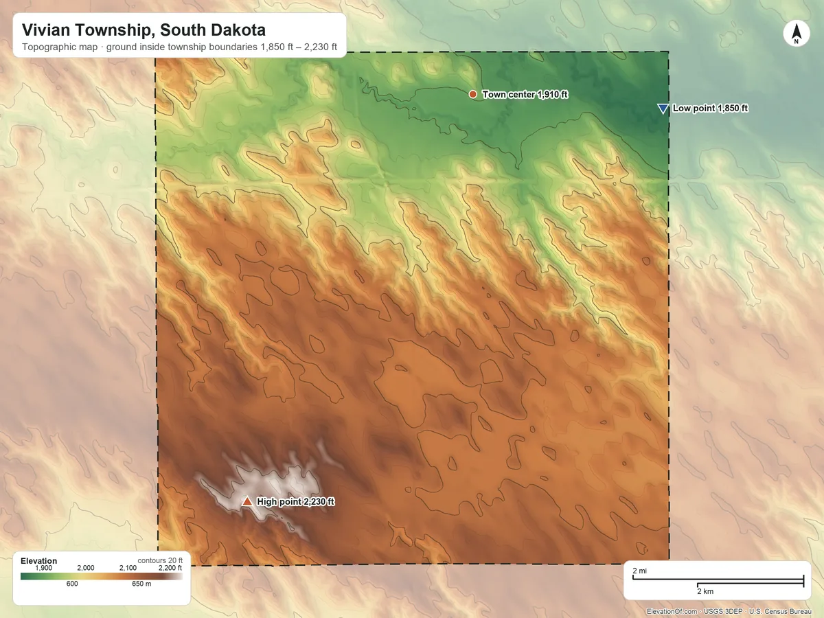 Topographic elevation map of Vivian Township, South Dakota, shaded from 1,850 ft on the east side to 2,230 ft on the southwest side