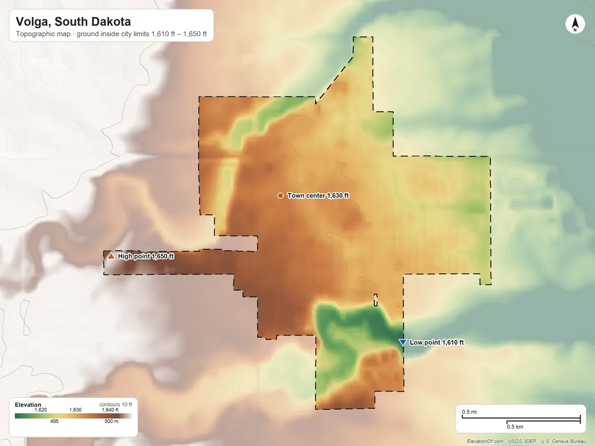 Topographic elevation map of Volga, South Dakota, shaded from 1,610 ft on the southeast side to 1,650 ft on the west side