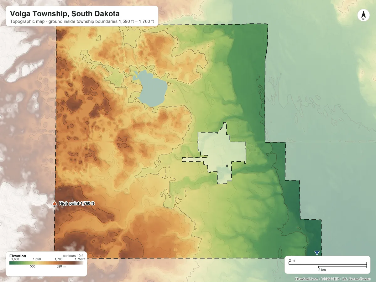Topographic elevation map of Volga Township, South Dakota, shaded from 1,590 ft on the southeast side to 1,760 ft on the west side