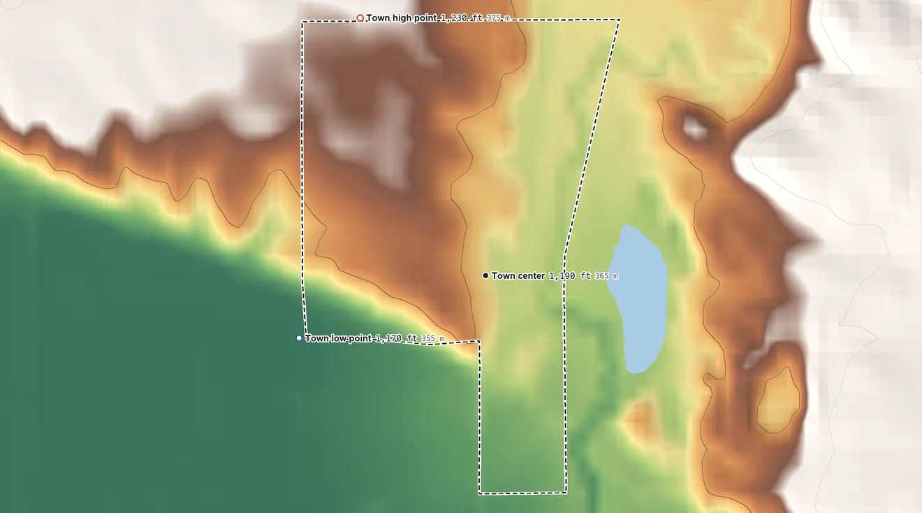 Topographic elevation map of Volin, South Dakota, shaded from 1,170 ft on the west side to 1,230 ft on the northwest side