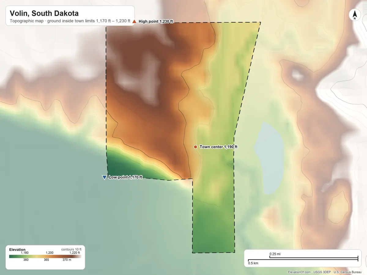 Topographic elevation map of Volin, South Dakota, shaded from 1,170 ft on the west side to 1,230 ft on the northwest side