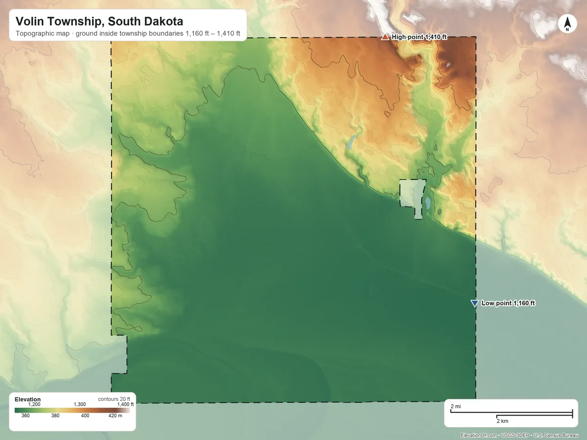 Topographic elevation map of Volin Township, South Dakota, shaded from 1,160 ft on the southeast side to 1,410 ft on the northeast side
