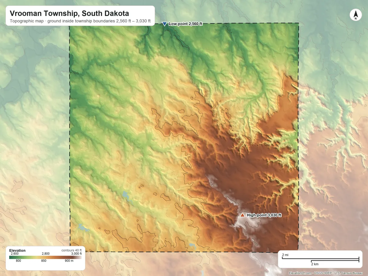 Topographic elevation map of Vrooman Township, South Dakota, shaded from 2,560 ft on the north side to 3,030 ft on the southeast side