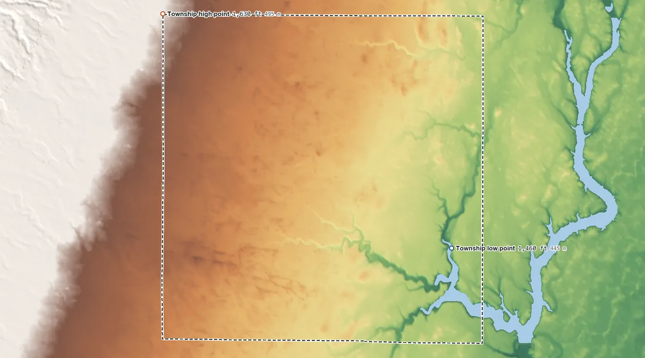 Topographic elevation map of Wachter Township, South Dakota, shaded from 1,460 ft on the southeast side to 1,630 ft on the northwest side
