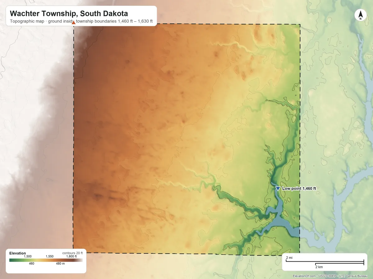 Topographic elevation map of Wachter Township, South Dakota, shaded from 1,460 ft on the southeast side to 1,630 ft on the northwest side