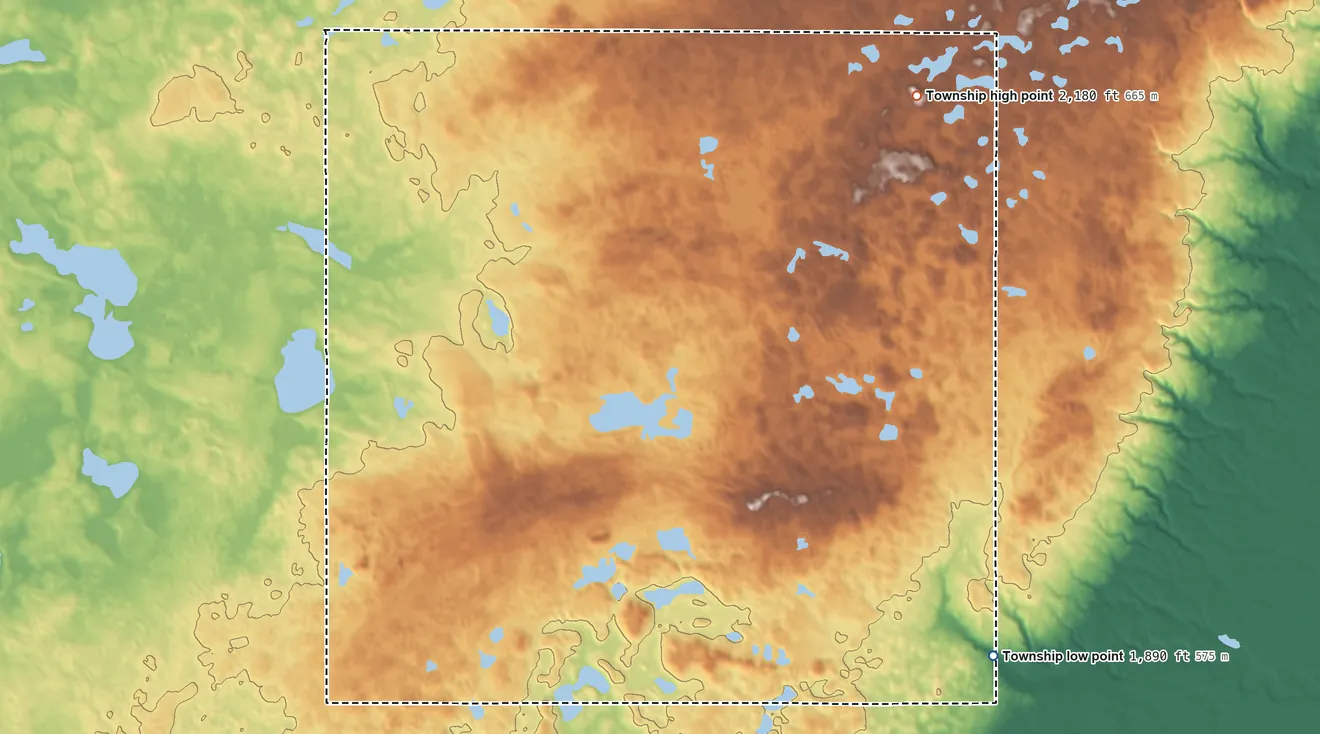 Topographic elevation map of Wacker Township, South Dakota, shaded from 1,890 ft on the southeast side to 2,180 ft on the northeast side