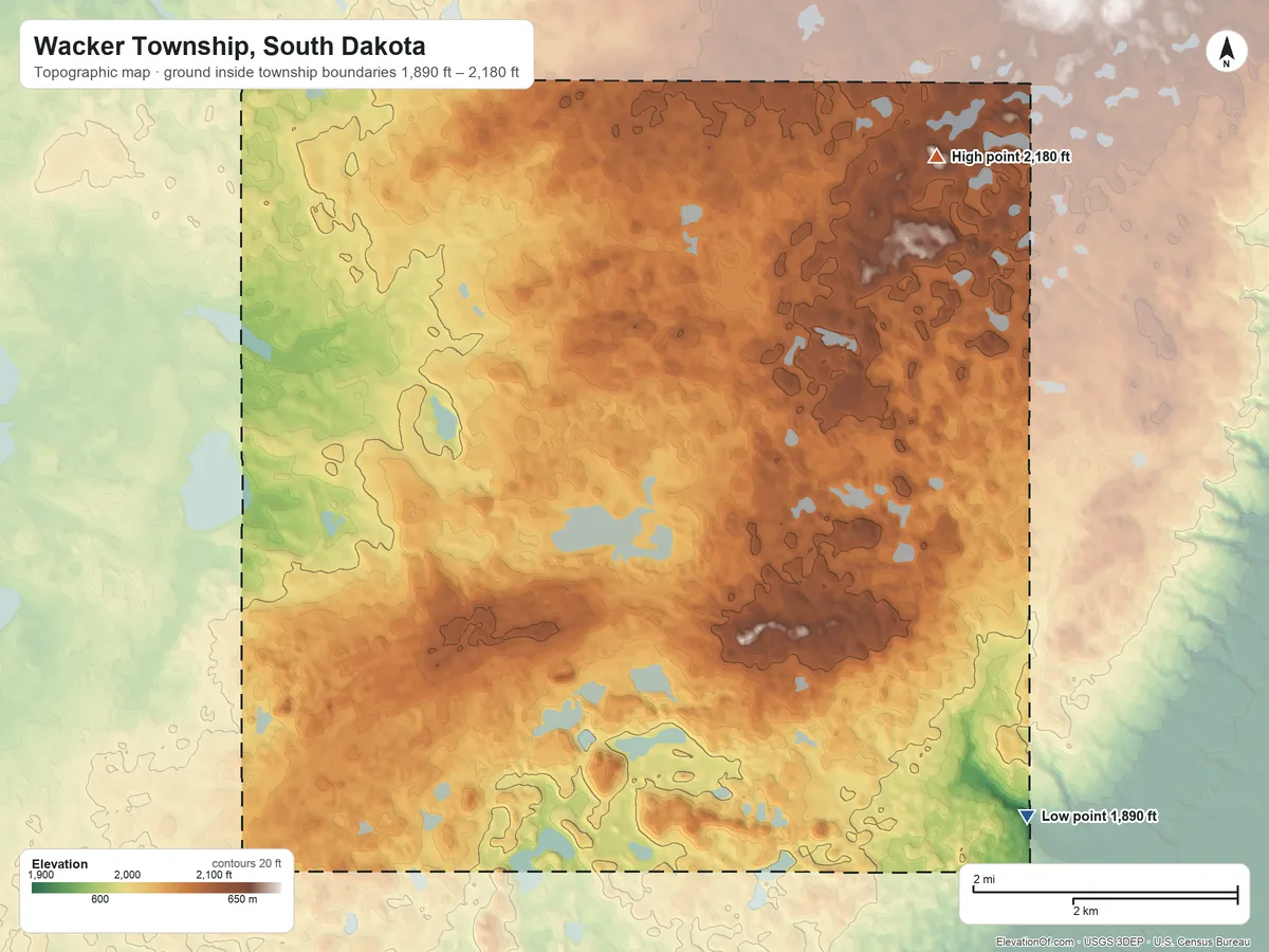 Topographic elevation map of Wacker Township, South Dakota, shaded from 1,890 ft on the southeast side to 2,180 ft on the northeast side