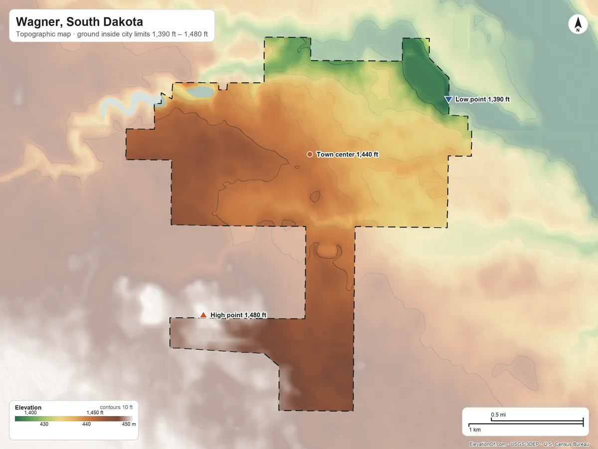 Topographic elevation map of Wagner, South Dakota, shaded from 1,390 ft on the east side to 1,480 ft on the southwest side
