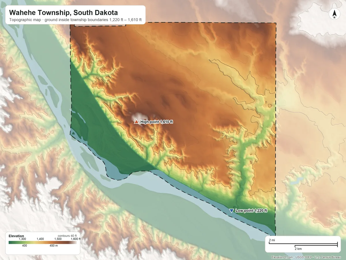 Topographic elevation map of Wahehe Township, South Dakota, shaded from 1,220 ft on the southeast side to 1,610 ft on the southwest side