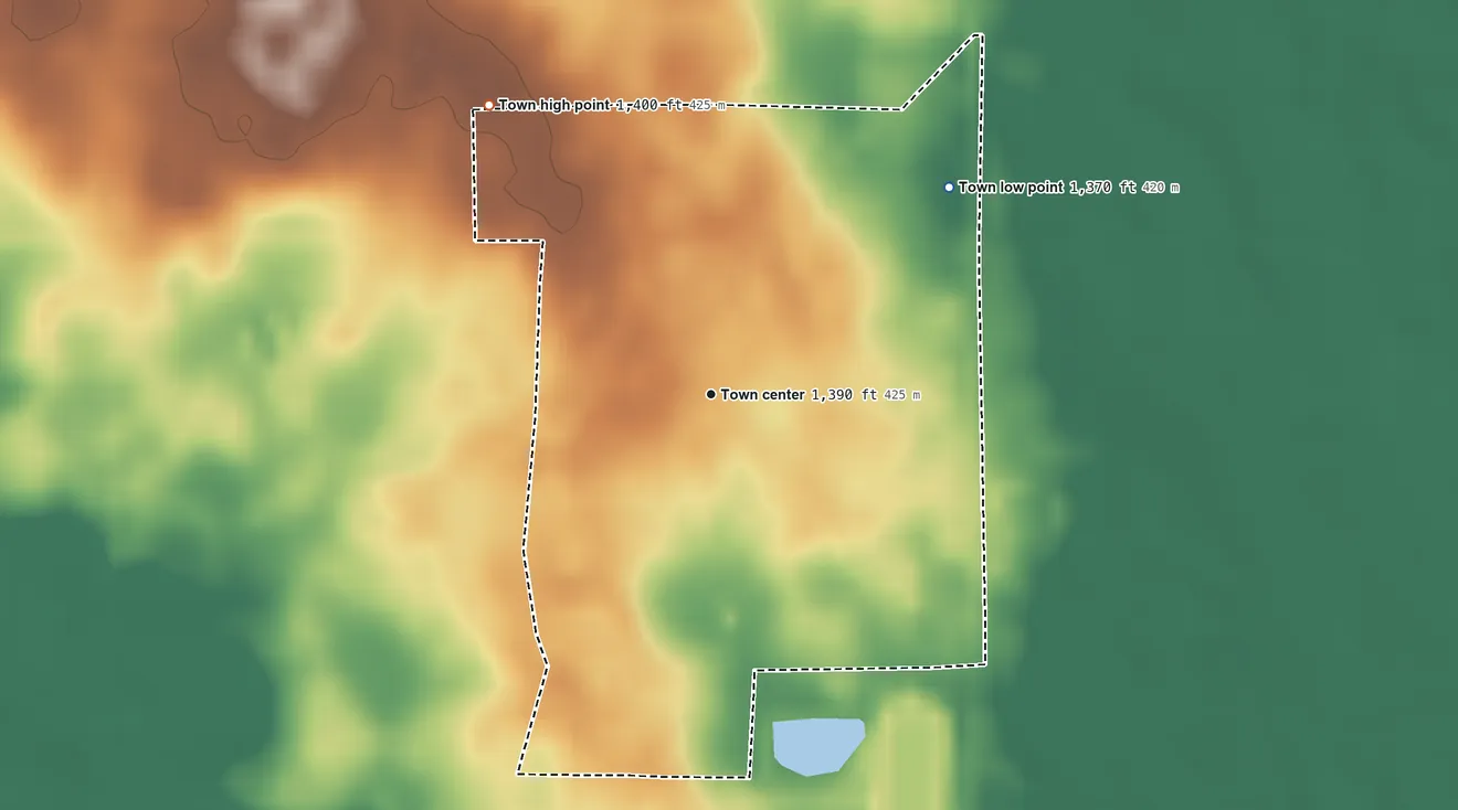 Topographic elevation map of Wakonda, South Dakota, shaded from 1,370 ft on the northeast side to 1,400 ft on the northwest side